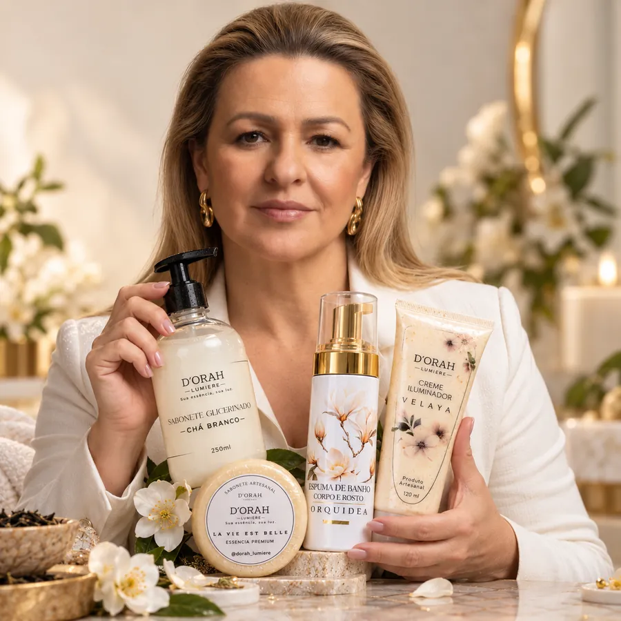 Fundadora da D'ORAH LUMIÈRE apresentando os cosméticos artesanais